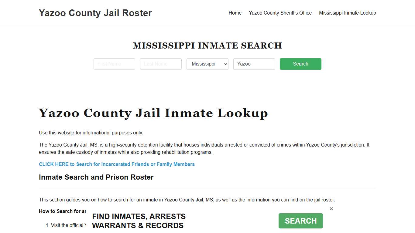 Yazoo County Jail Roster Lookup, MS, Inmate Search